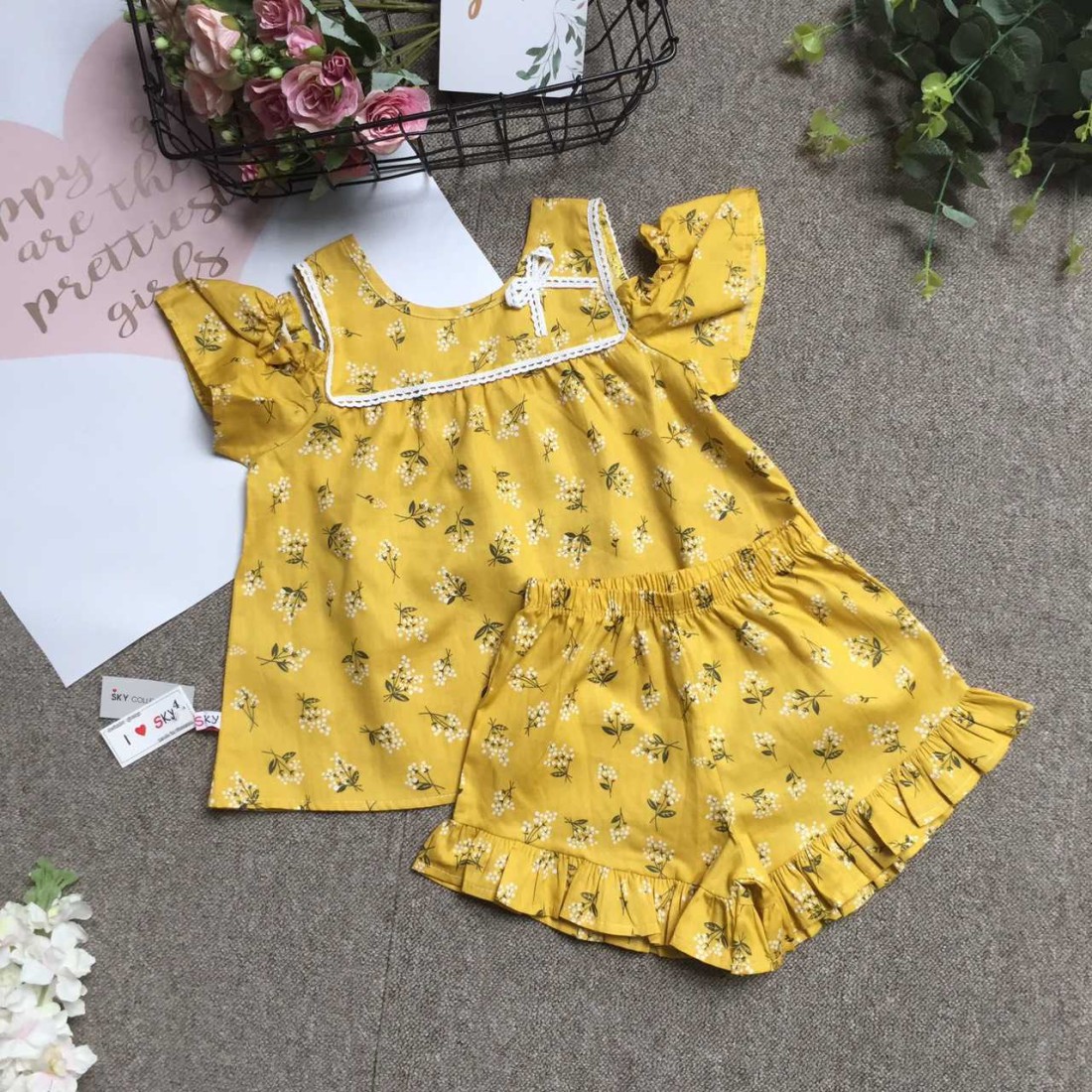 Bộ hoa thô bé gái tay trễ ngực ren size 4 -8-